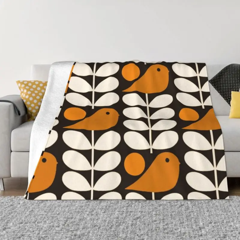 

Multistem Birds Black White Orange Blankets Warm Flannel Orla Kiely Scandi Throw Blanket for Sofa Bedroom Bedding 1