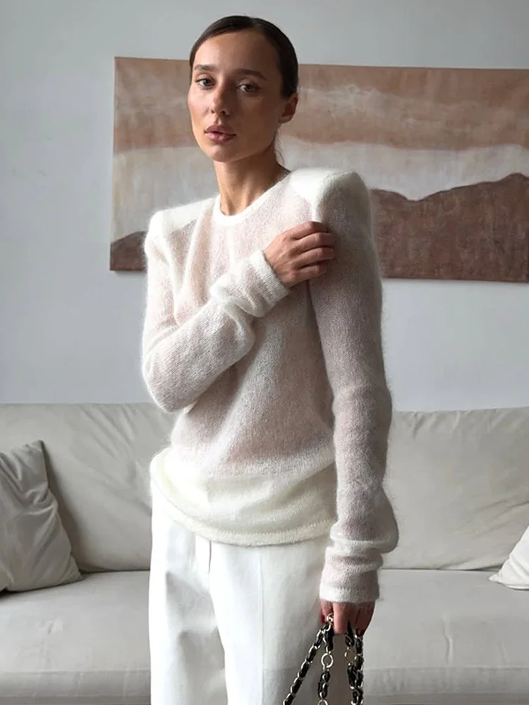 Women Solid See Through Knitted Pullover Sexy Round Neck Full Sleeve Slim Fit Thin Sweater 2025 High Street New Knitwear Fashion