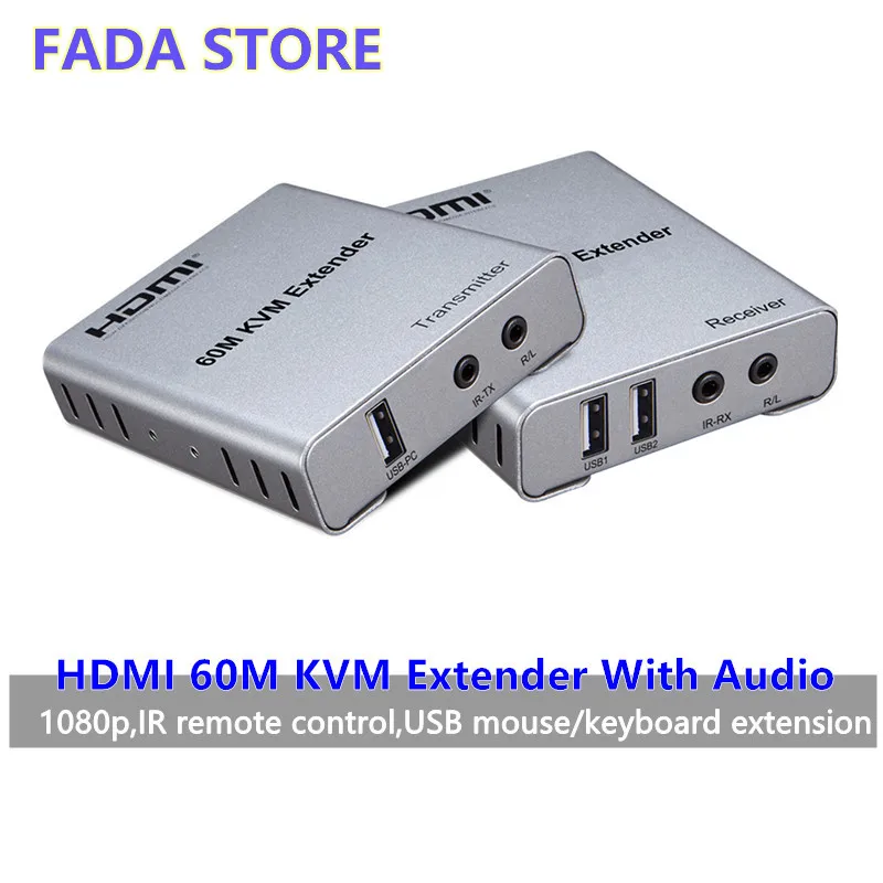 

KVM HDMI удлинитель 60 м USB мышь/клавиатура удлинитель от Cat5/6/RJ45/LAN/UTP сетевой кабель, ИК управление, TX/RX 3,5 мм R/L аудио выход