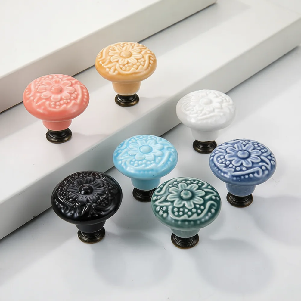 Single Hole Ceramic Drawer Handle Retro Floral Pattern Cabinet Knob New Chinese Furniture Hardware For Wardrobe Cupboard
