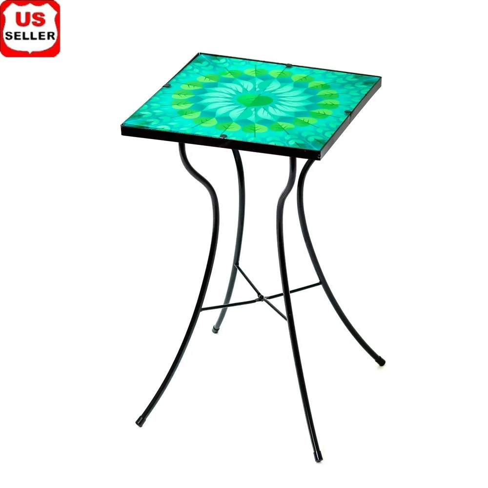 

Leaf Design Glass Metal Side Table Outdoor Patio Sunroom Small Space Furniture 19 Inch Tall 12 Inch Square