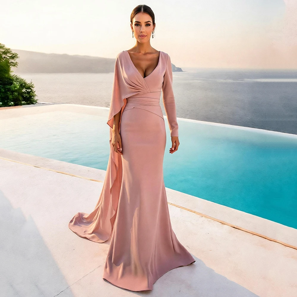 

Customized Sexy Evening Dress Deep V Neck Ruffle Long Sleeve Mermaid Evening Gowns for Women 2026 Pleated Trumpet Formal Dresses