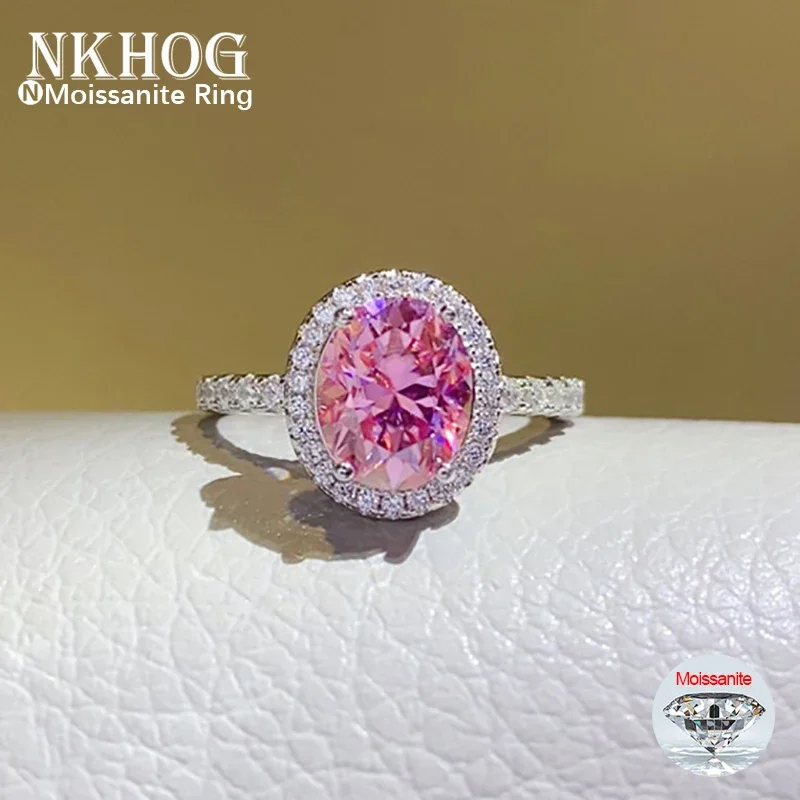 

NKHOG 1/2/3/5CT Pink Oval Moissanite Ring S925 Sterling Silver 18K Plated Women Luxury Wedding Rings Gifts Jewelry Tested Pass