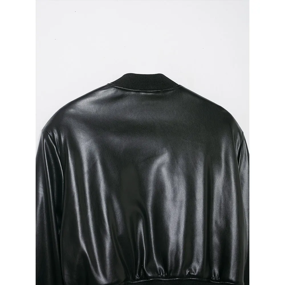 Duoperi moda feminina pu preto zíper frontal bombardeiro jaquetas casual o-pescoço mangas compridas feminino chique senhora outfits