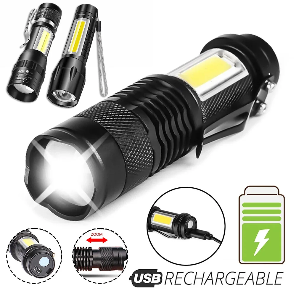 Mini Portable Q5 Led  Flashlight Built In Battery Zoom Torch COB Lamp 2000 Lumens Adjustable Pen Light Waterproof for Outdoor