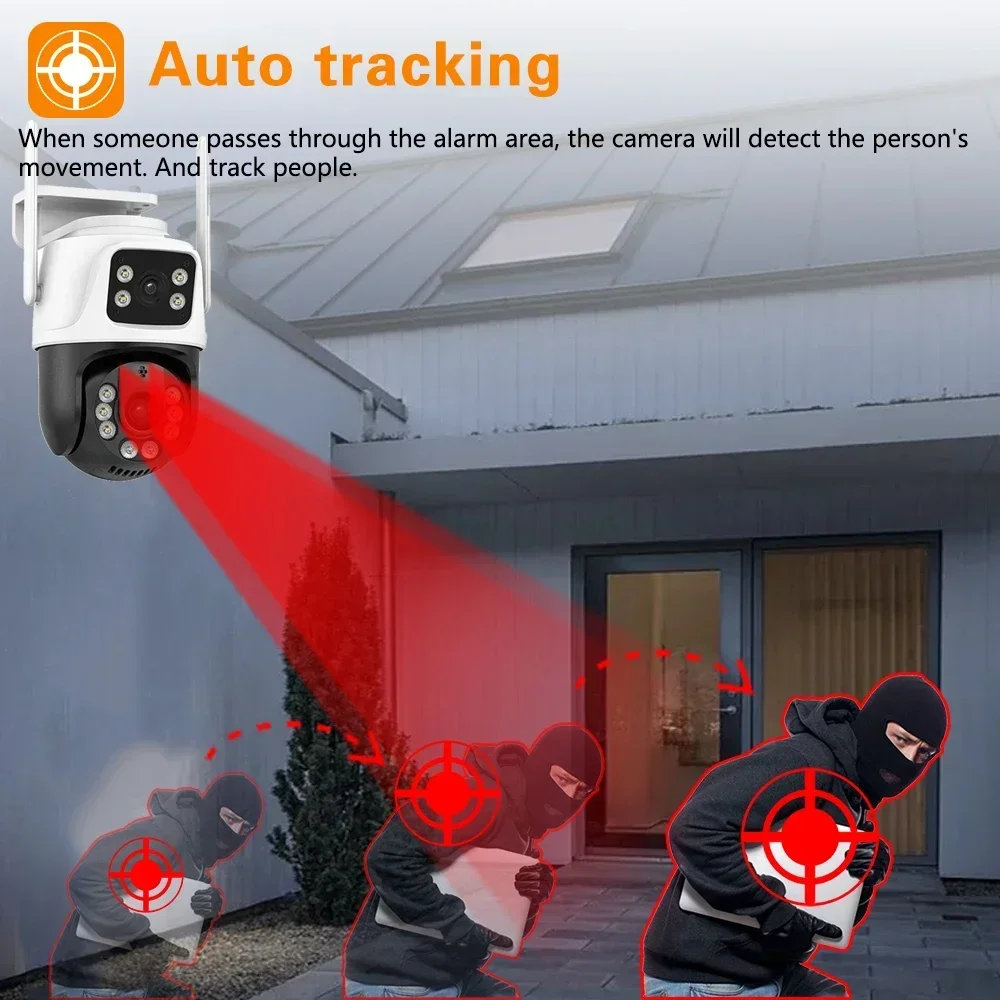 Auto Track CCTV Câmera de Segurança, Smart Home Proteção, Lente Dupla, Visão Noturna Colorida, WiFi, PTZ, IP, 8MP, 4K