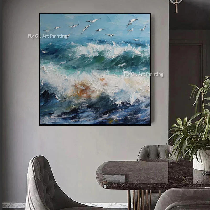 100% Hand-Painted Seascape Oil Painting, Impasto Wave & Seagull Canvas Art, Square Coastal Living Room Wall Decor