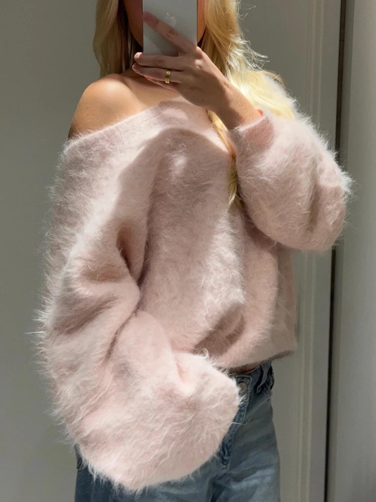 FSMG Fashion Cozy Mohair Off Shoulder Cropped Sweater Women's Loose One Shoulder Slash Neck Fluffy Pullover Autumn Lady Knitwear