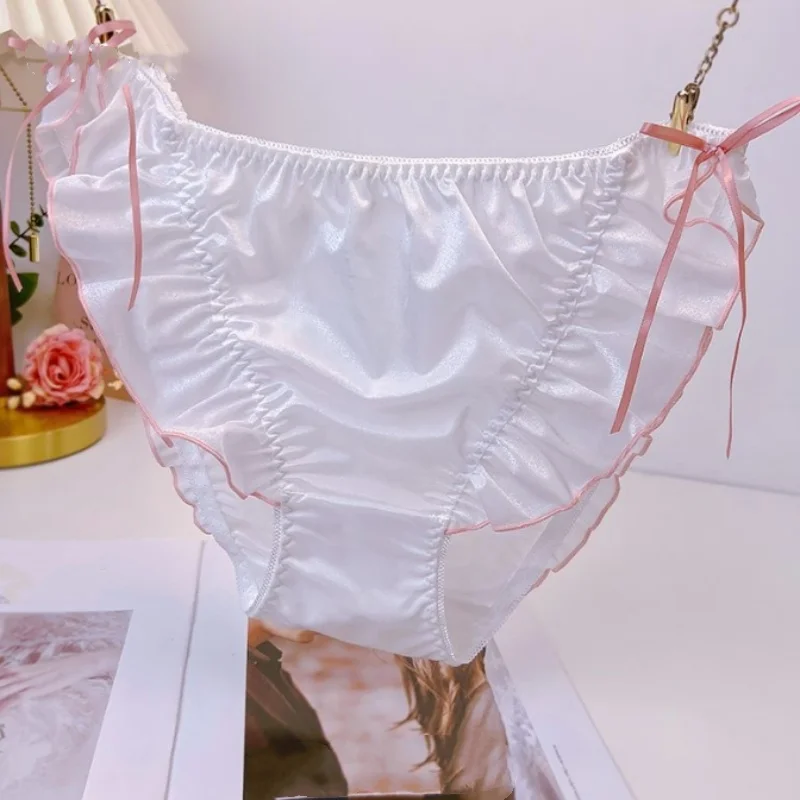 

Однотонное нижнее белье больших размеров для пар, мягкие удобные дышащие милые трусы со средней талией, глянцевые трусики с бантом и оборками
