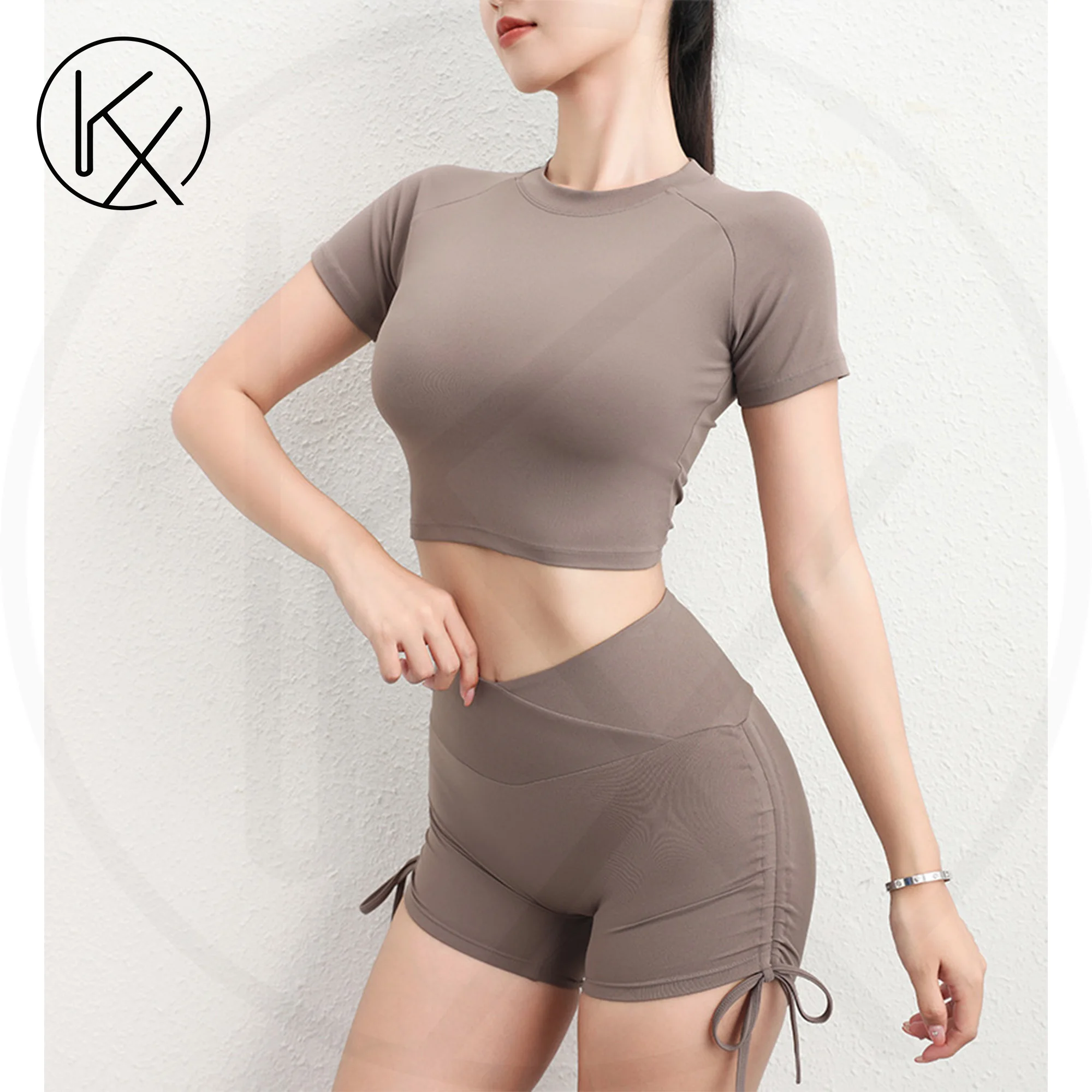 kaixiggmm Women's Nylon Fitness Solid Color Short Sleeve Sports T-shirt Round Neck Tight Breathable T-shirt Running Yoga Top