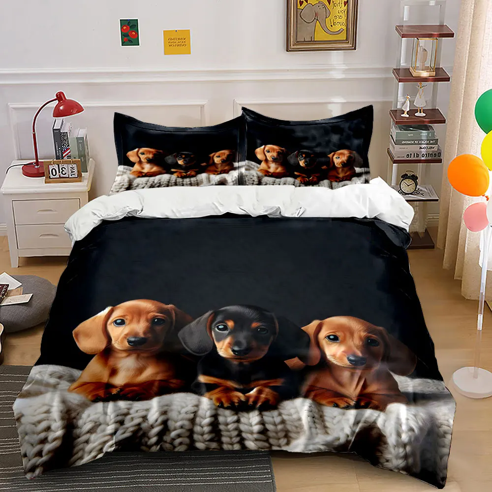 

Three adorable dachshunds on a blanket Printed Duvet Cover Set1 Duvet Cover+2 PillowcaseMulti Size Bedroom Bedding Decor
