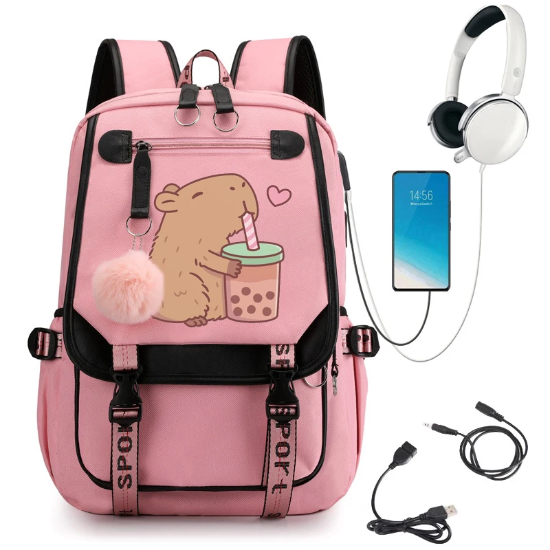 Teenage Bookbag Nylon Rucksack Cute Capybara Loves Bubble Tea Fashion Girl Backpacks Women Shoulder Bag High School Schoolbag