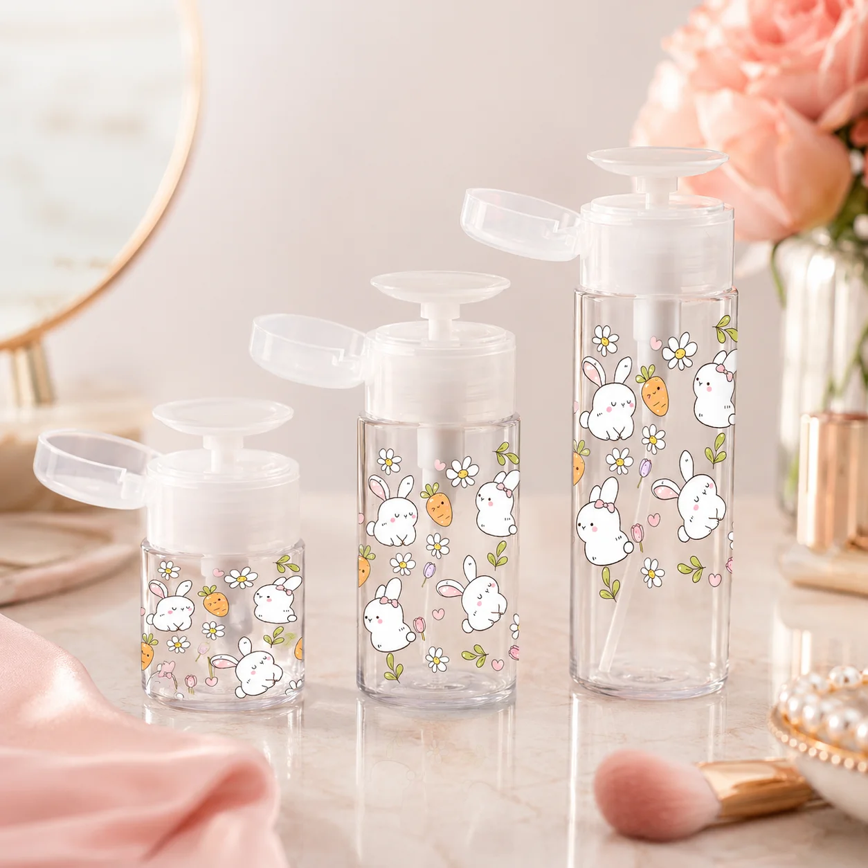 Cute Bunny Nail Polish Remover Pump Bottle, Refillable Press Dispenser for Cotton Pads, Manicure Salon Home Travel