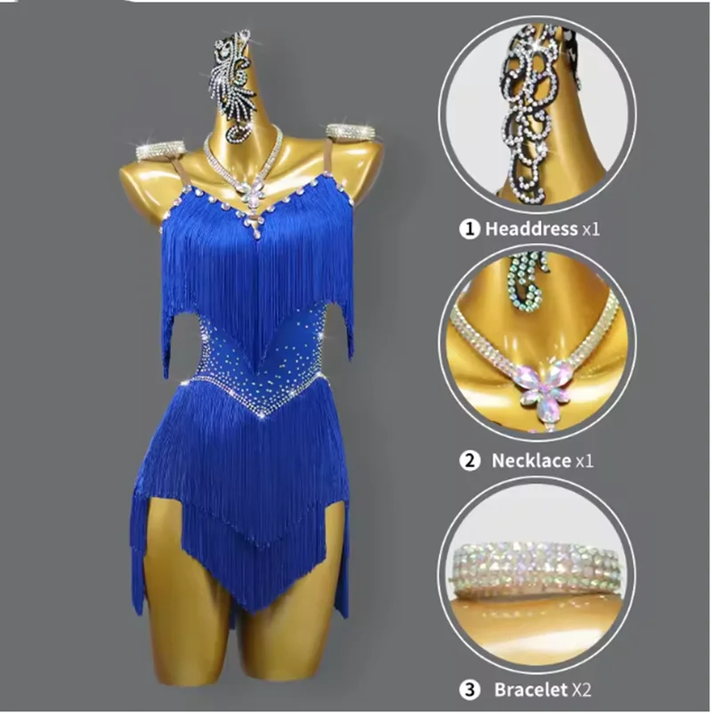 

2025 Новое платье для латинских танцев, женское сексуальное уличное бальное вечерние юбка с бахромой, спортивная тренировочная одежда, костюм синей линии по индивидуальному заказу