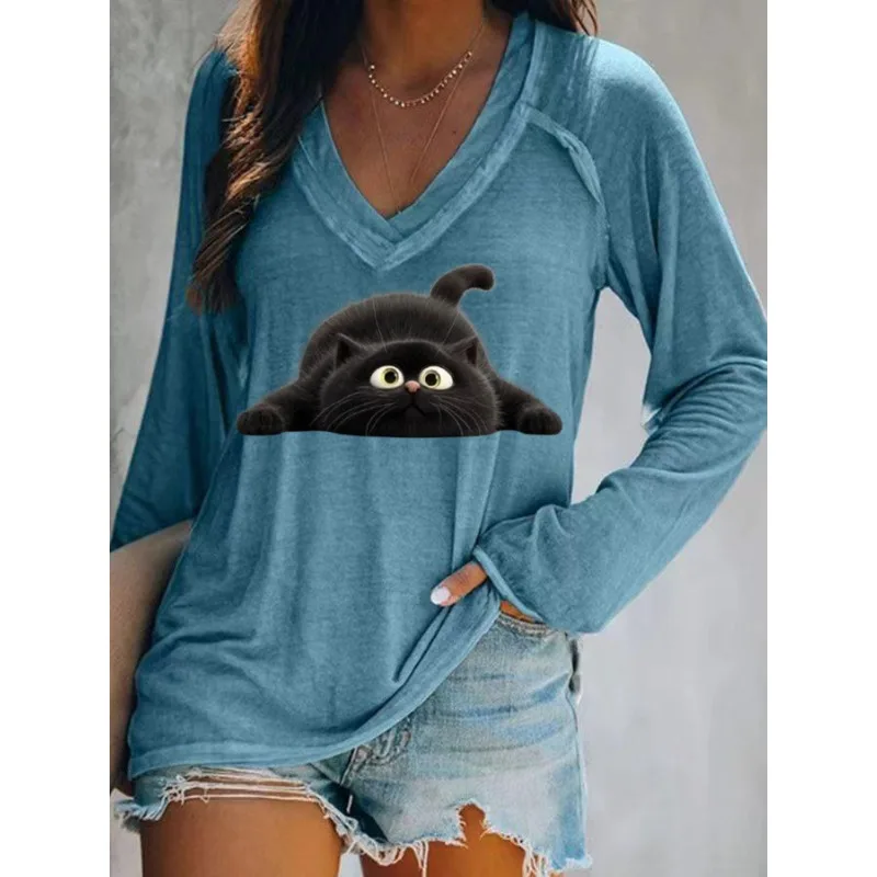 ilstile Women's Qute Black Cat Print T-Shirts Summer Casual Loose Long Sleeve V Neck Tops Green Blue Tees Hot Sale