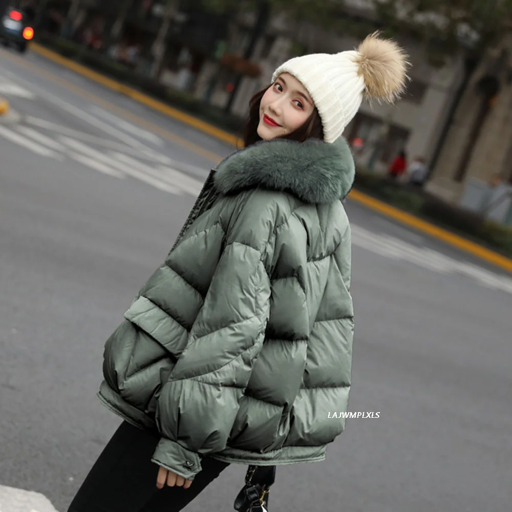 Natural Fox Fur Large Hooded Winter Coat Women 90% White Duck Down Jacket Thick Warm Parkas Female Outerwear Pure Color