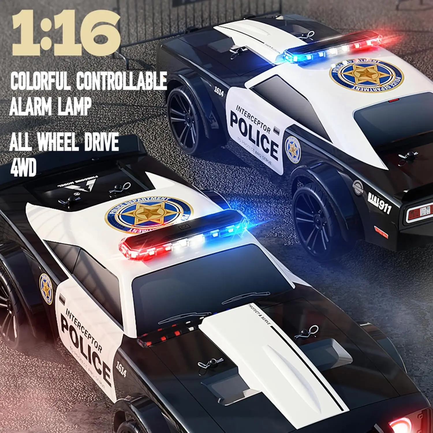 1:16 Scale Remote Control Drift Car, 35KPH 4WD High Speed RC Vehicle with LED Lights, Extra Drifting Tires, Police Racing Car Model for Adults (2 Batteries)