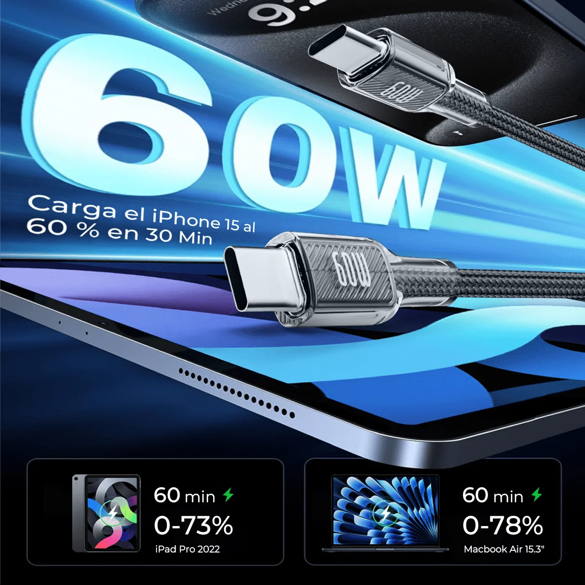 كابل تيبو سي 60 وات 3.3 قدم (1 متر) - قطعتان من سلك تيبو سي Soporte de sincronización de data y carga متوافق مع بنك الطاقة | الهواتف الذكية #2