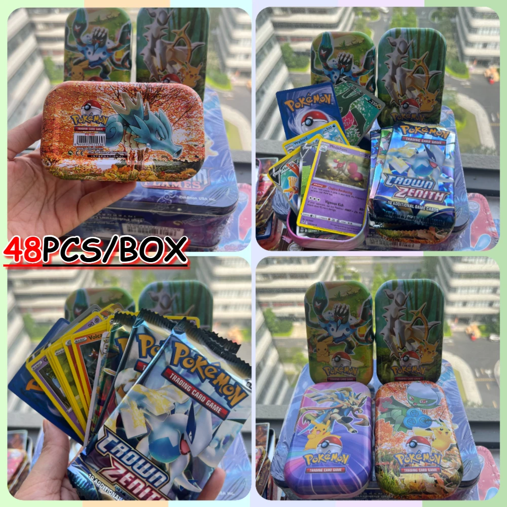 41/42/48/118 Uds nueva caja de Metal juguetes de batalla de Pokémon de hierro caja de Pokemons de origen perdido con juego de Pikachu cartas bancarias de Anime para niños