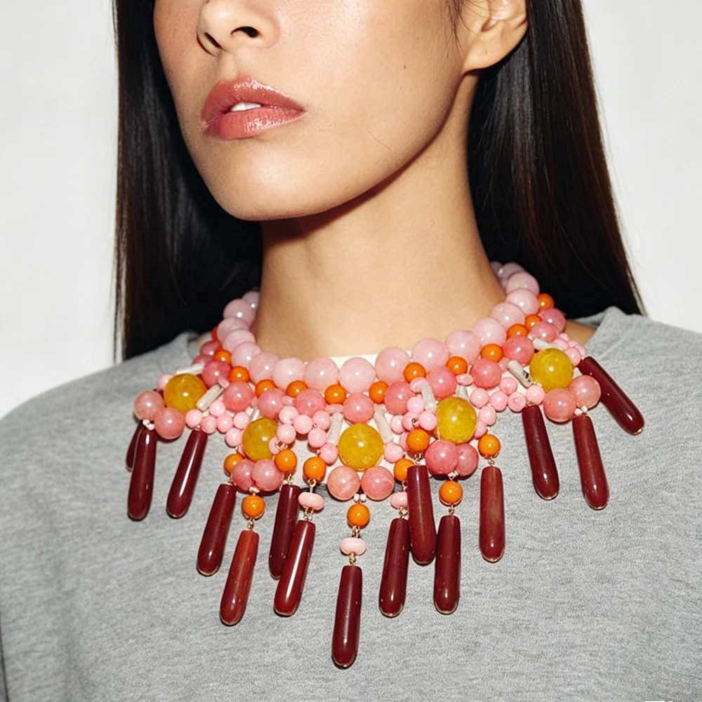 

Colorful Resin Beaded Statement Necklace for Women Bohemian Pink Orange Red Layered Choker Necklaces Fashion Jewelry