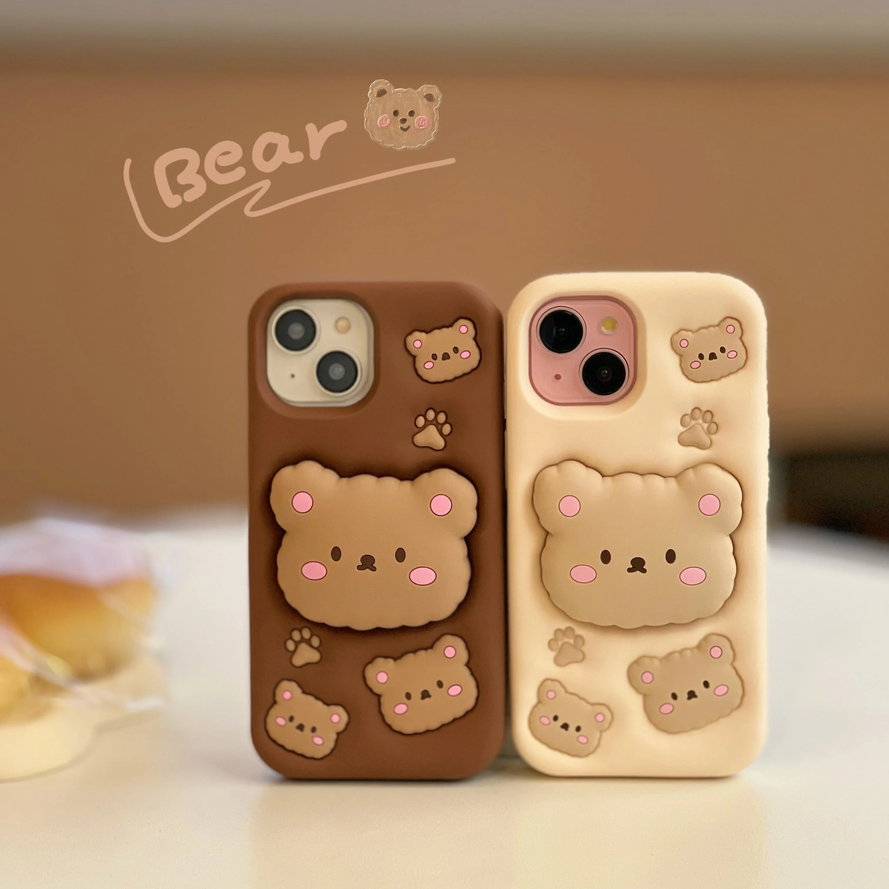 

Soft Silicone Mobile Phone Back Cover 3D Cute Cartoon Bear Case Shell for iPhone11 12 13 14 15 16 17 Pro Max w/Telescopic Holder