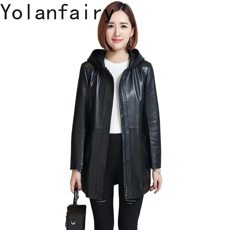 YOLANFAIRY Real Sheepskin Leather Trench Coats Woman Autumn Winter Mid-length Genuine Leather Jacket Women Hooded Windbreaker