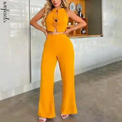 Wefads Two Piece Set Women Summer Casual Solid Round Neck Sleeveless High Waist Hollow Zipper Top Loose Pant Sets Streetwear