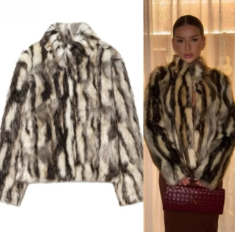 

Winter Women New Fashion Animal Print Natural Color Imitation Fur Jacket Short Coat Warm Stand Collar Casual Outerwear