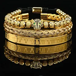 Luxury Black Stone Beads Leopard Head Man Bracelet Enamel Stainless Steel Roman Bangles Women Jewelry Set