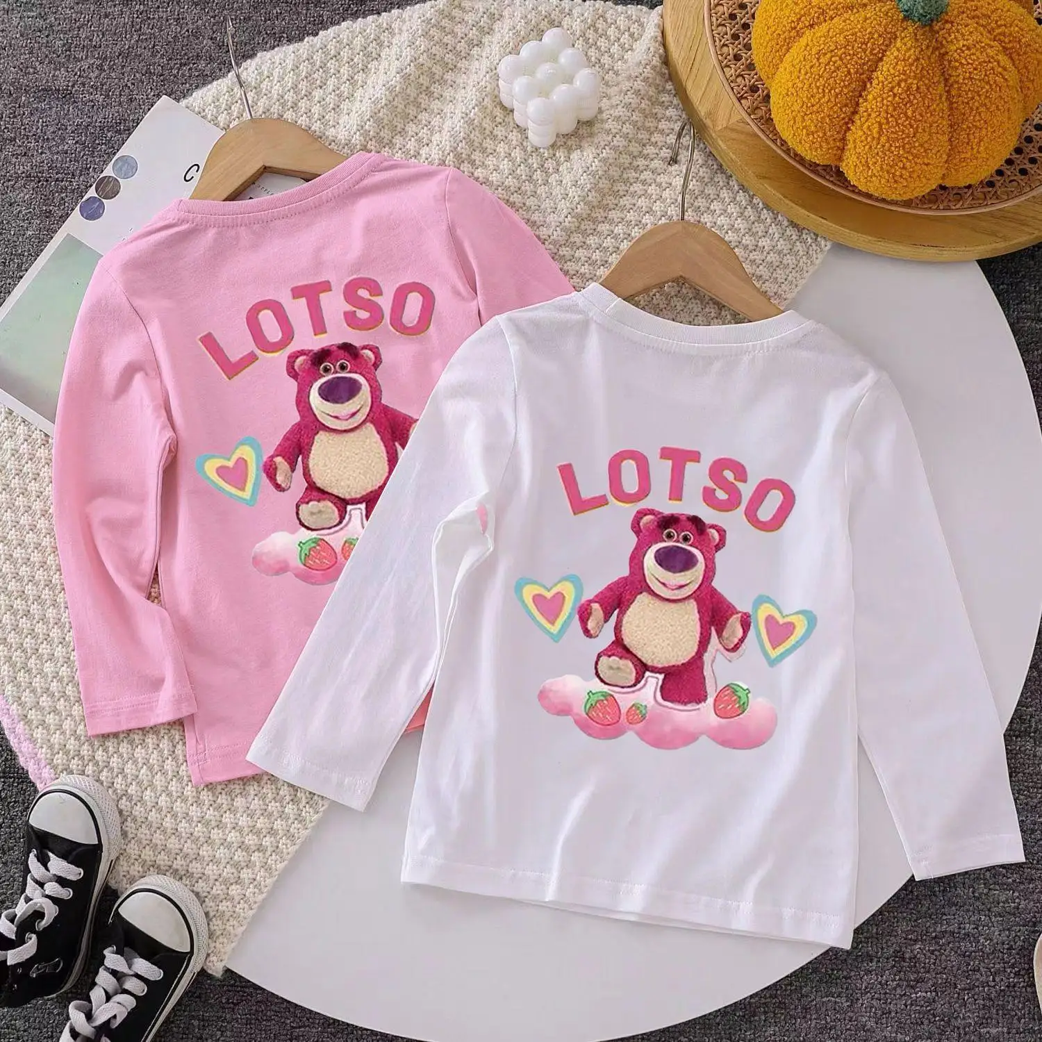 

Children Cotton Long Sleeve T-shirt Spring Autumn New Disney Lotso Girls Cute Sweet Tops Cartoon Print Kids' O-neck Pullover