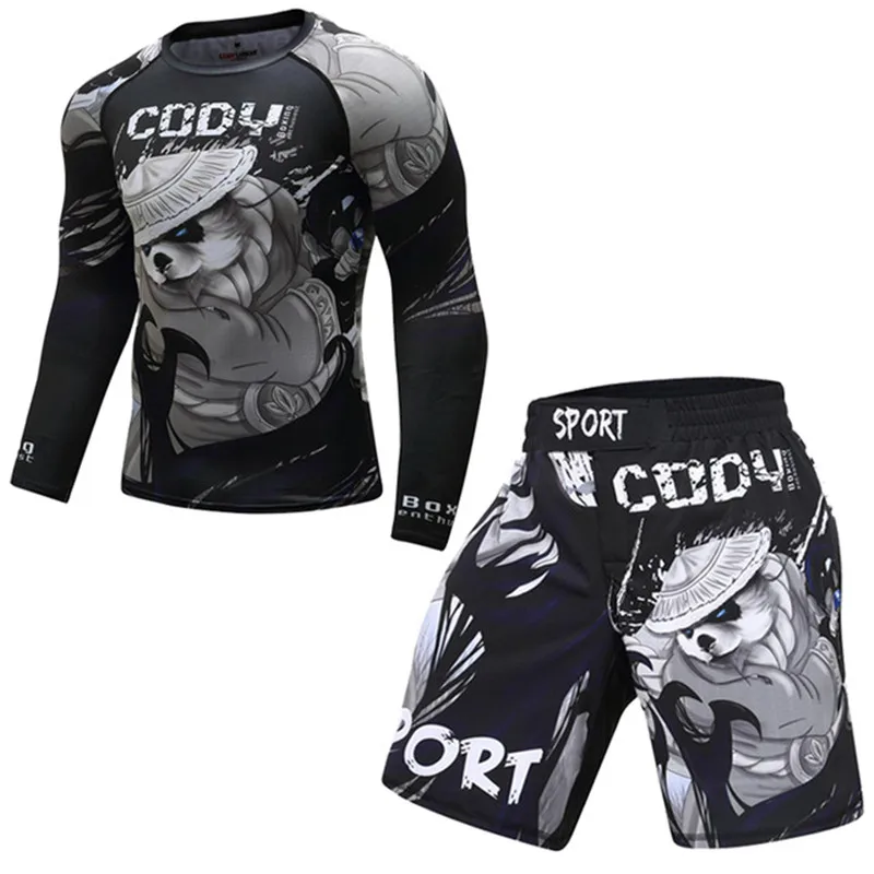 Apertado Boxe Compressão Jersey e Calças Set, Rashguard BJJ Kickboxing T-shirts, Muay Thai MMA Sportsuit, Roupas Fitness