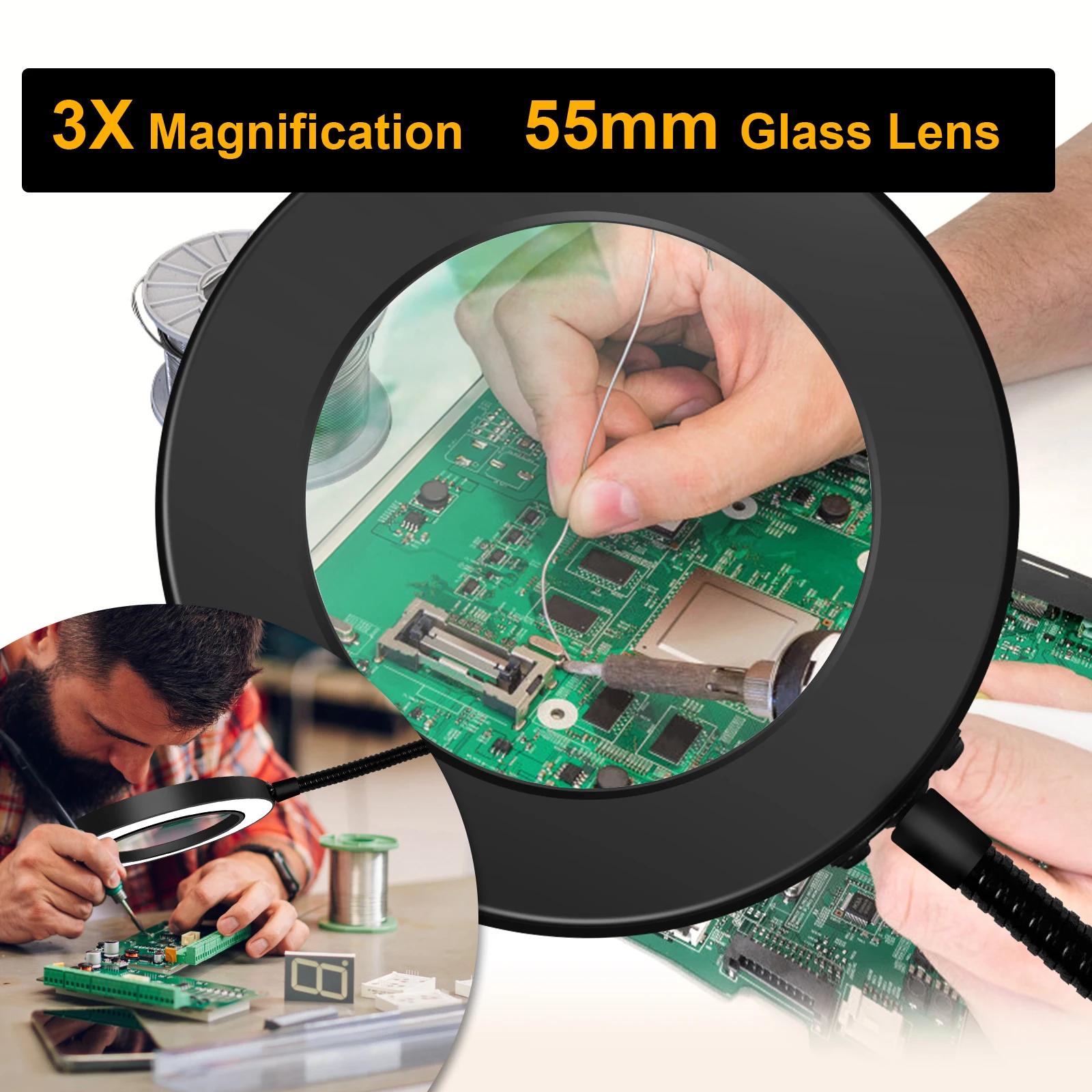 USB 3X Illuminated Magnifier Desk Lamp Magnetic 360° Metal Gooseneck Arm LED Magnifying Glass for Soldering Iron Repair Reading
