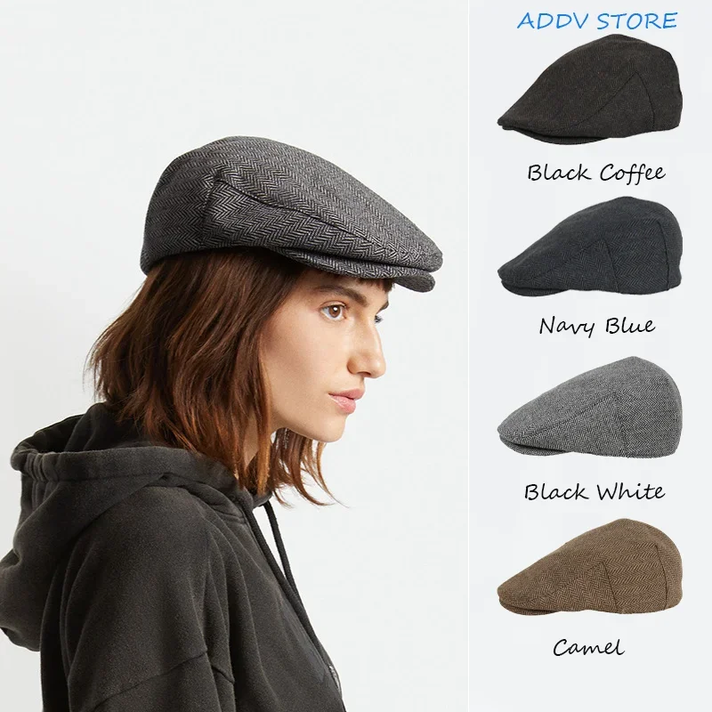 Yarn-dyed Tweed Twill Beret Women's  Flat Hunting Cap Autumn and Winter Tweed Berets British Newsboy Hat