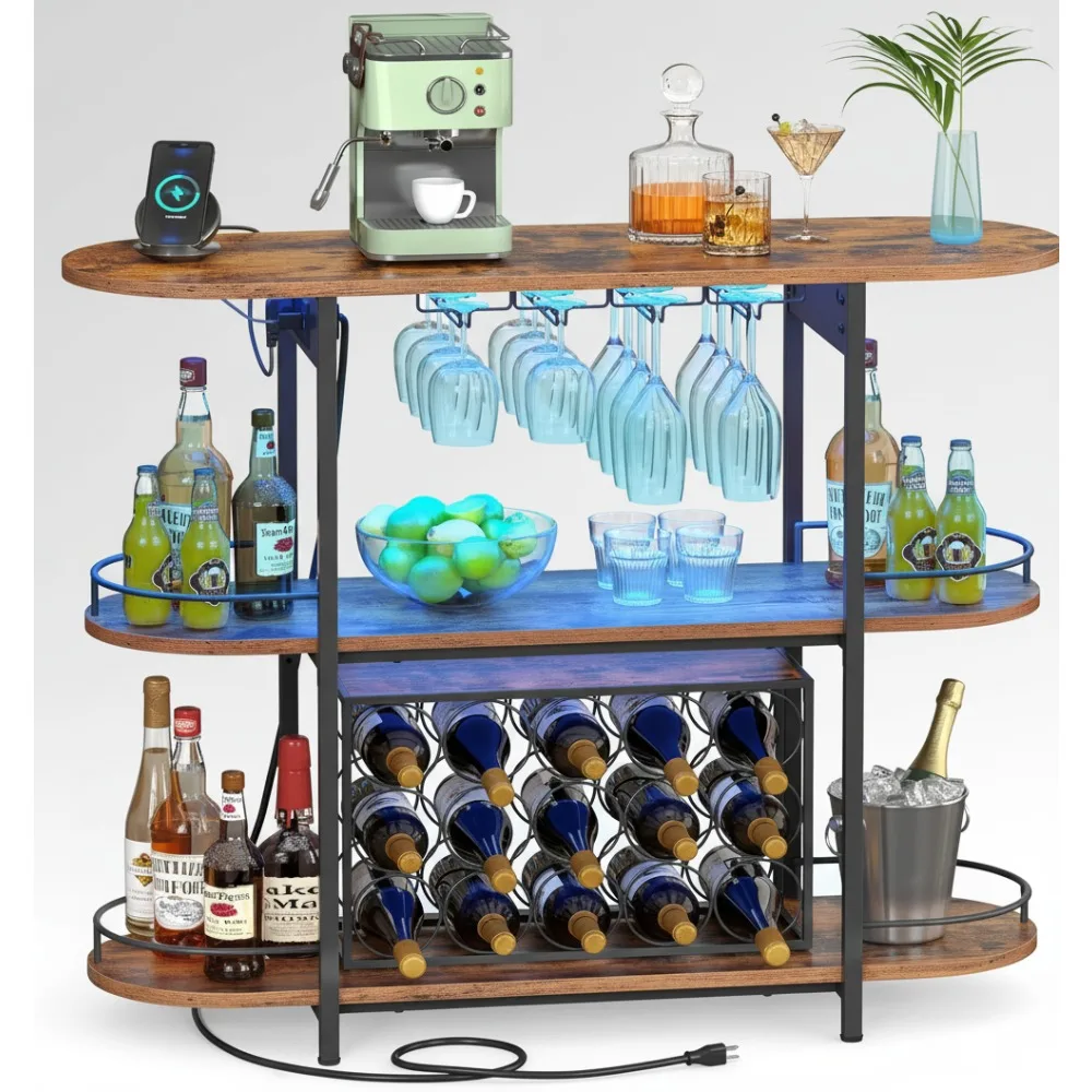 

LED Bar Cabinet with Power Outlets, Freestanding Wine Rack & Glass Holder for Home Entertainment