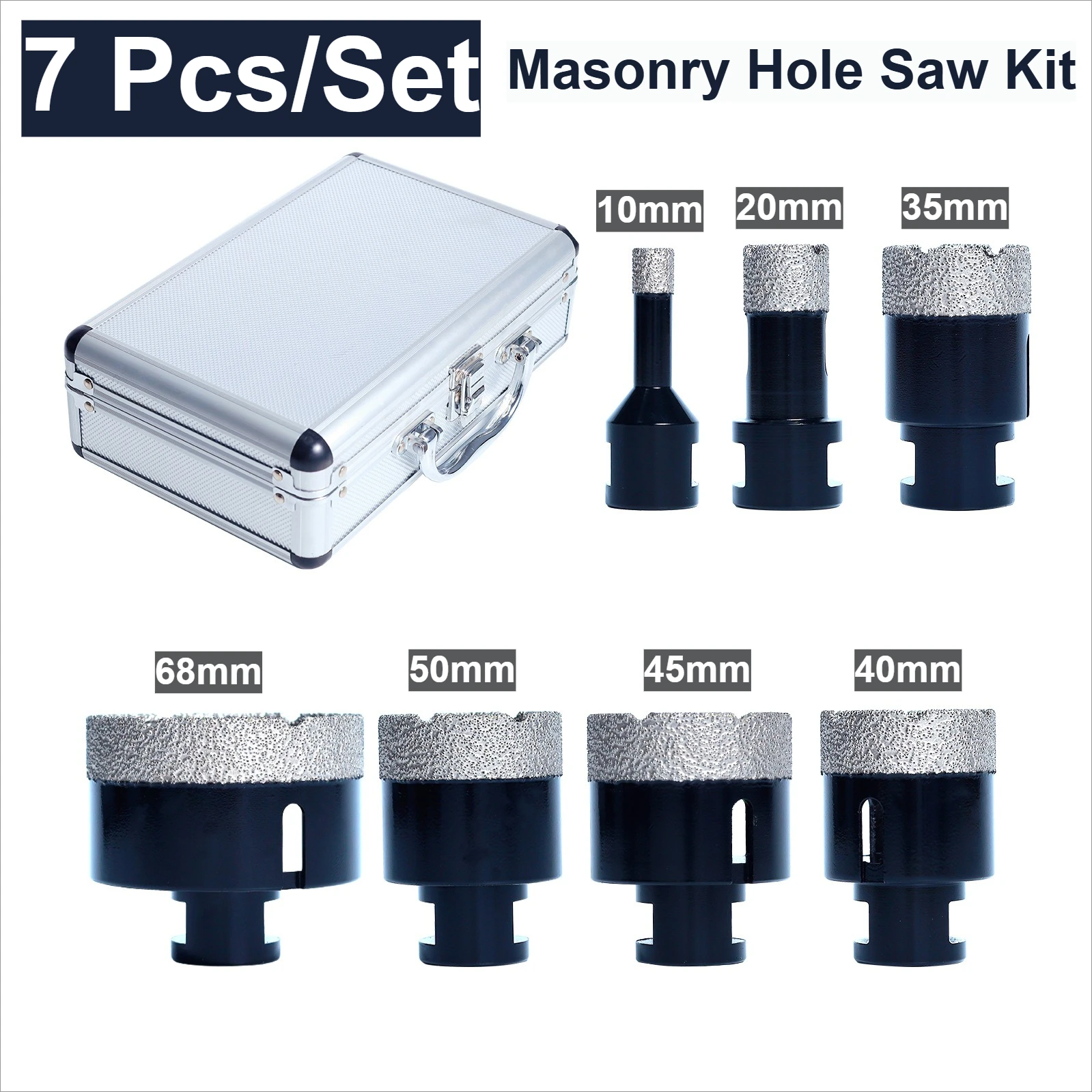 

7PCS/Set Vacuum Brazed Diamond Masonry Hole Saw Kit Includes 10mm-68mm Diameter for Porcelain Tile Ceramic Marble Brick Concrete