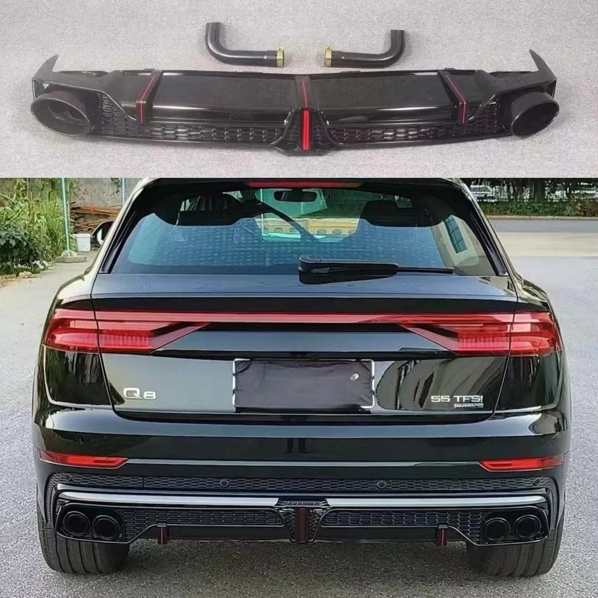 

Диффузор заднего бампера и насадки для выхлопных газов для Audi Q8 RSQ8 2018-2024, автозапчасти, спойлер для губ, комплект кузова, аксессуары
