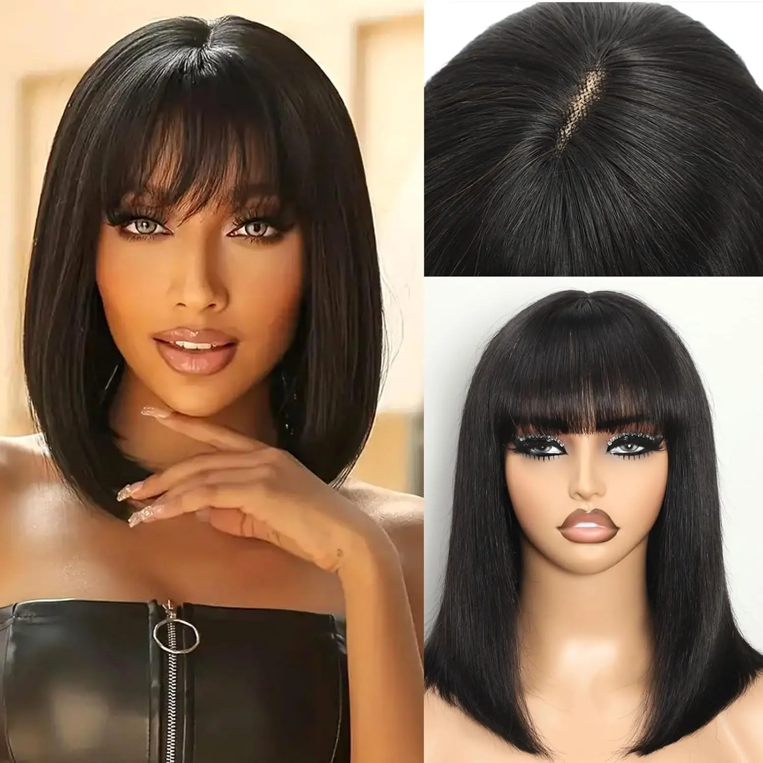 

Short Bob Wig with Bangs Straight Human Hair Bob with Bangs Wig Human Hair 180% Density Straight Bang Bob Wig For Women