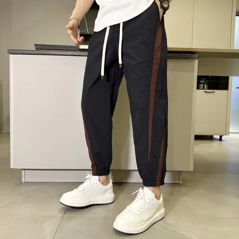 Summer Breathable Quick Dry Sports Pants Men Fashion Versatile Color Blocking Leg Binding Casual Pant Drawstring Slim Trousers