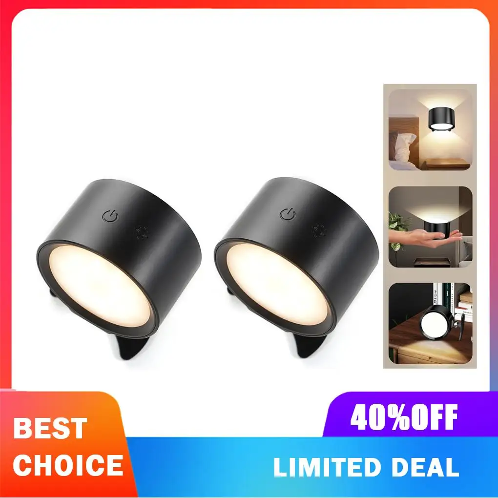 Smiling Shark Wireless Rechargeable Wall Lights 2 Pack, LED Battery Powered Wall Lights Indoor Dimmable 360° Rotate