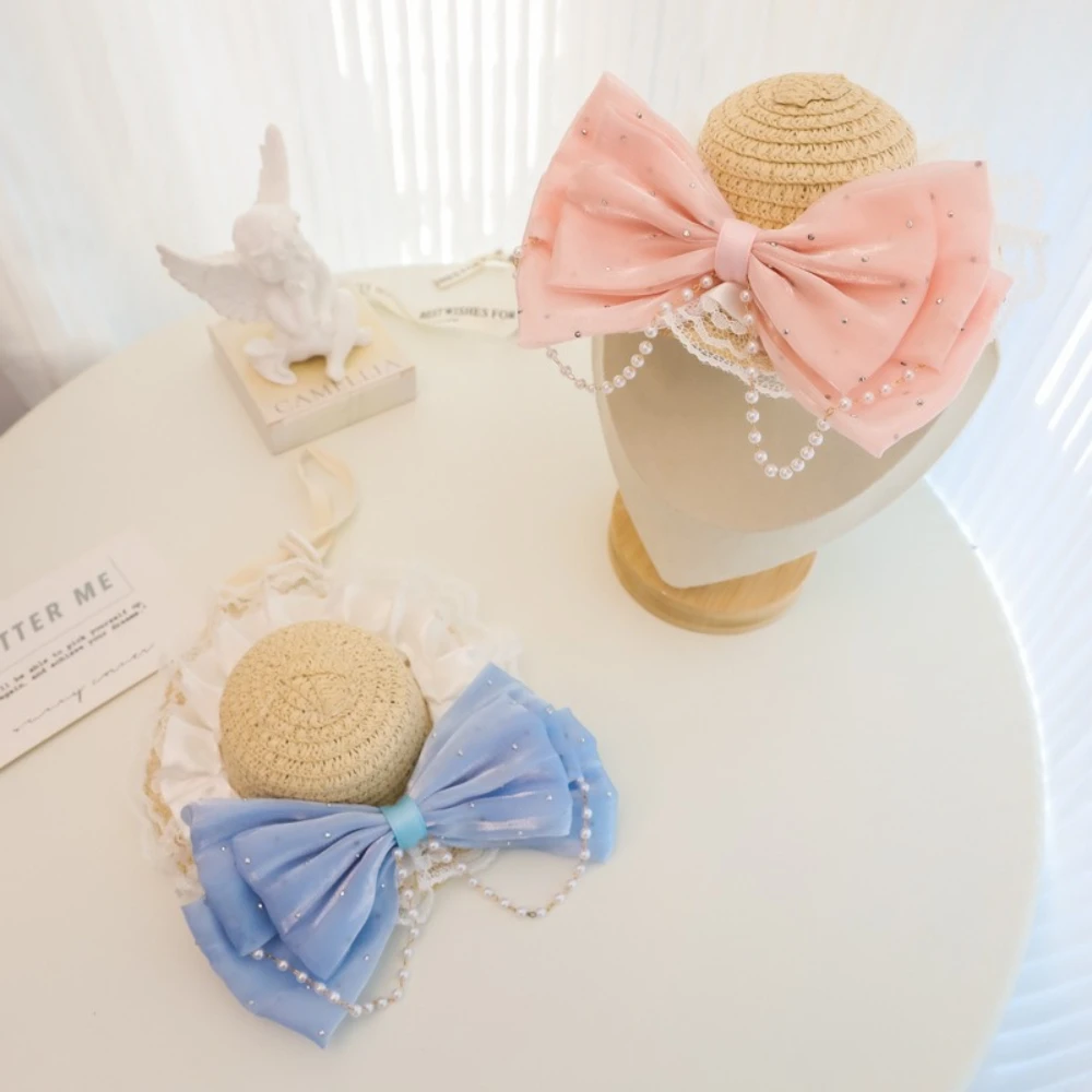 Sombrero de paja ajustable para gatos y perros pequeños con lazo perlas - imagen 3