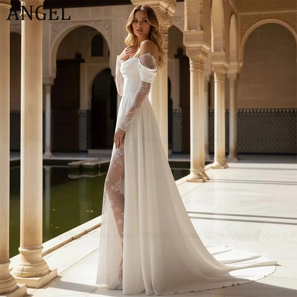 

Элегантное атласное свадебное платье ANGEL 2026 с открытыми плечами, длинное бальное платье с шлейфом, кружевное свадебное платье с разрезом для женщин