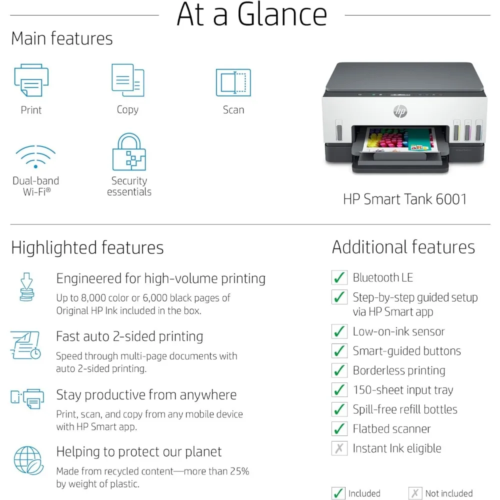 Smart -Tank 6001 Wireless Cartridge-Free all in one printer, this ink -tank printer comes with up to 2 years of ink included,