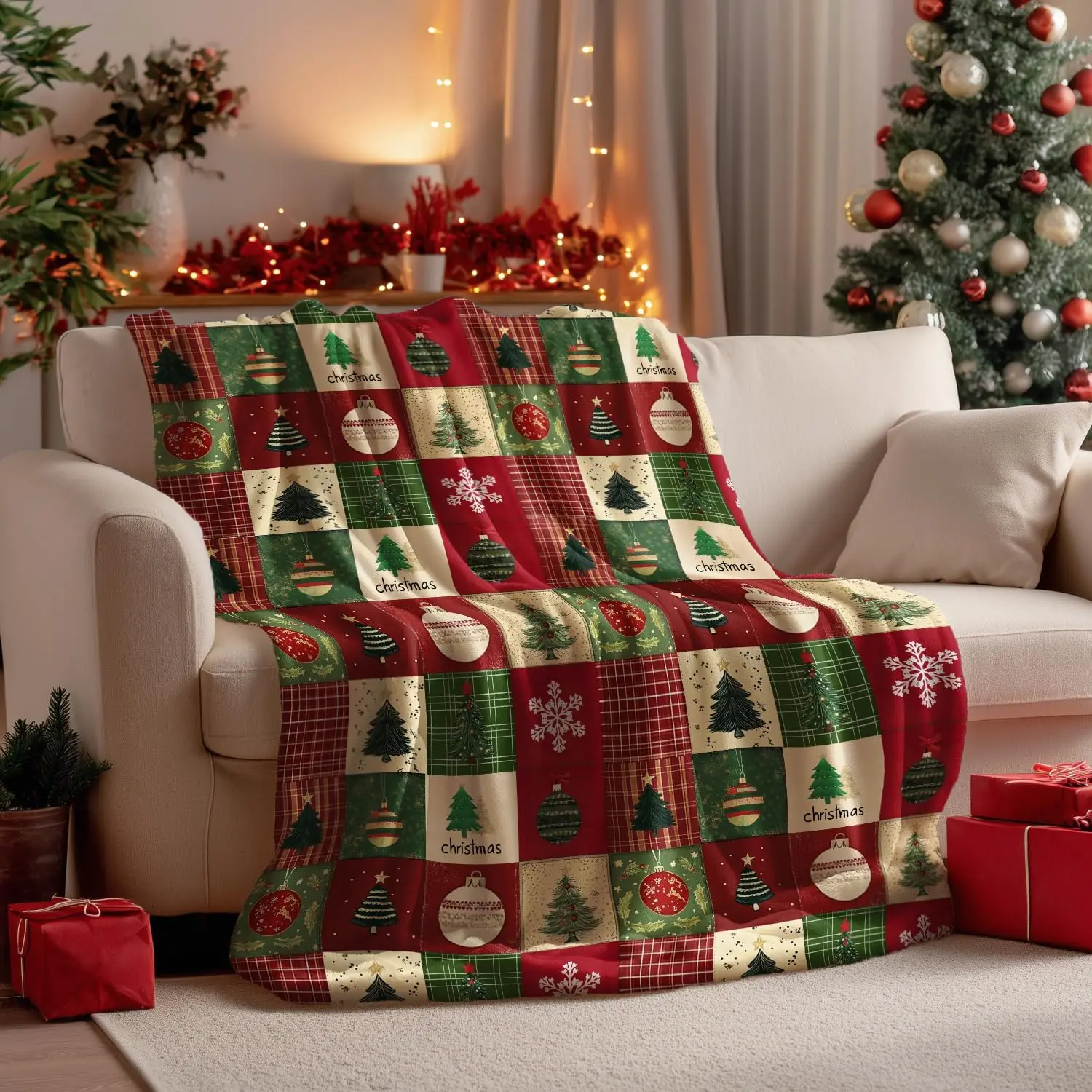 Christmas Flannel Blanket Throw, Red Green Checkered Tree Snow Ornaments Soft Fuzzy Plush Cozy Fleece Blankets for Couch Sofa