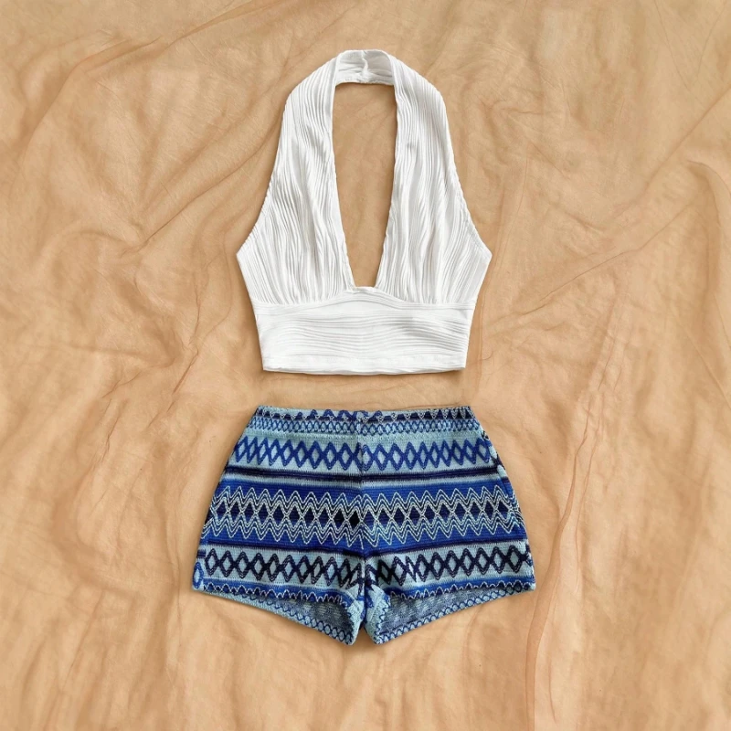 Summer Vacation Style Two Piece Set White Hanging Neck Deep V-Fold Open Umbilical Top Blue Geometric Pattern High Waist Shorts