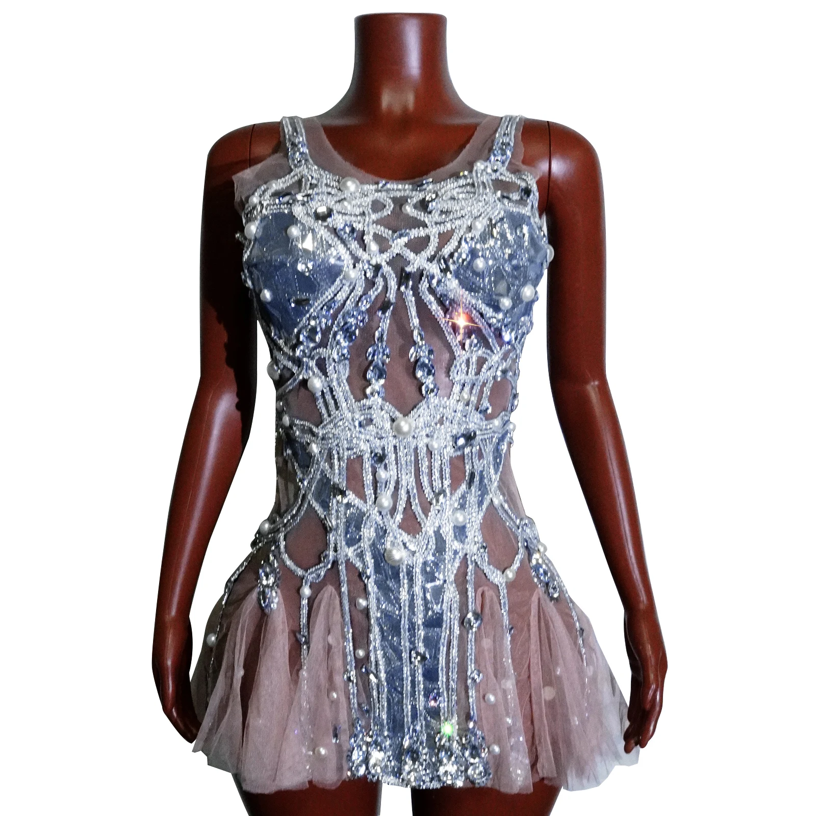 

Fashion Sexy Mesh See -through Dress Pearl Rhinestone Backless Short Evening Party Dresses Stage Singer Dance Outfits Nightclub