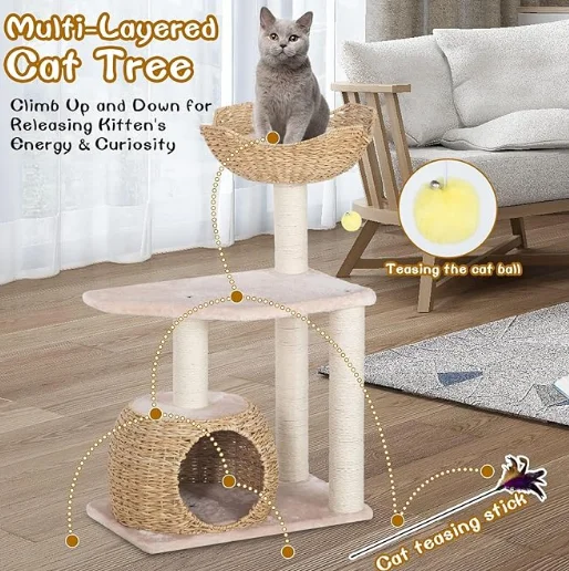 Modern Multi-Level Boho Wood Cat Tree Towel With Natural Sisal Scratching Post And Basket Cat Condo With Hanging Toy Ball