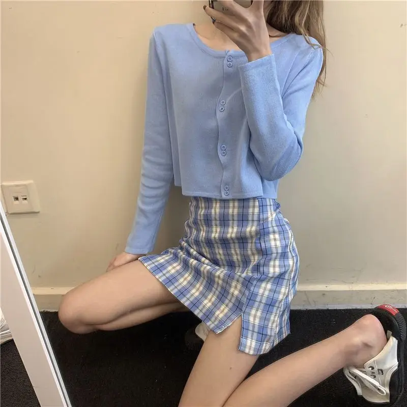 New Spring Summer Refreshing Comfortable Tender Thin Ice Silk Knitted Cardigan Women's Jacket Long-sleeved Purple Short Top