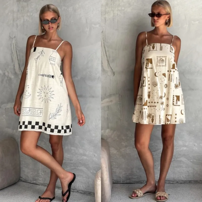 

2025 Women's Vintage Print Vacation Mini Dresses Summer Sleeveless Sexy Backless Sling Dress Fashion Boho Beach Dress Femme