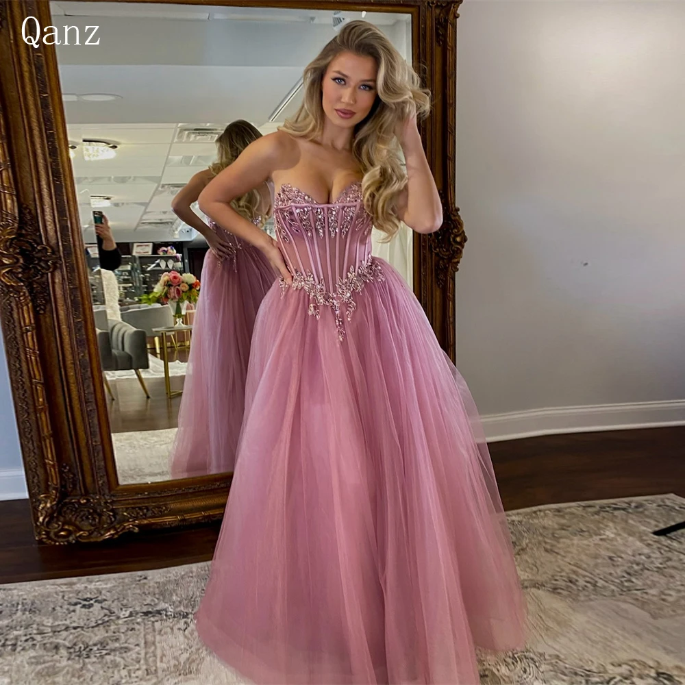 

Qanz Dirty Pink Tulle Evening Dresses Sweetheart Crystals Appliques Prom Dresses Club Coaktail Dresses For Women Robes De Soirée