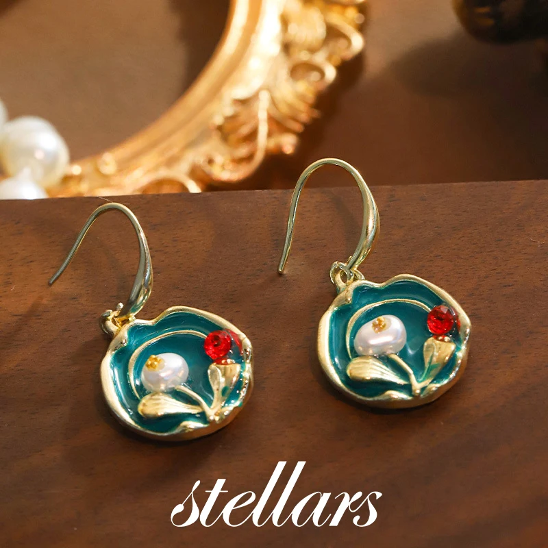 

Monet Garden-Oil Painting Style Flower Pearl Earrings, Elegant Studs, Court Style, Light Luxury, Retro Artistic Jewelry